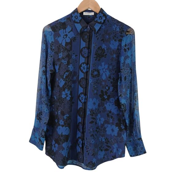 Equipment Femme SZ XS 100% Silk Floral Button Front Shirt Sheer Sleeves in Blue - Picture 2 of 7